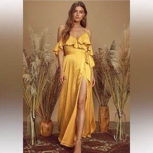 Moriah Mustard Yellow Satin Wrap Maxi Dress